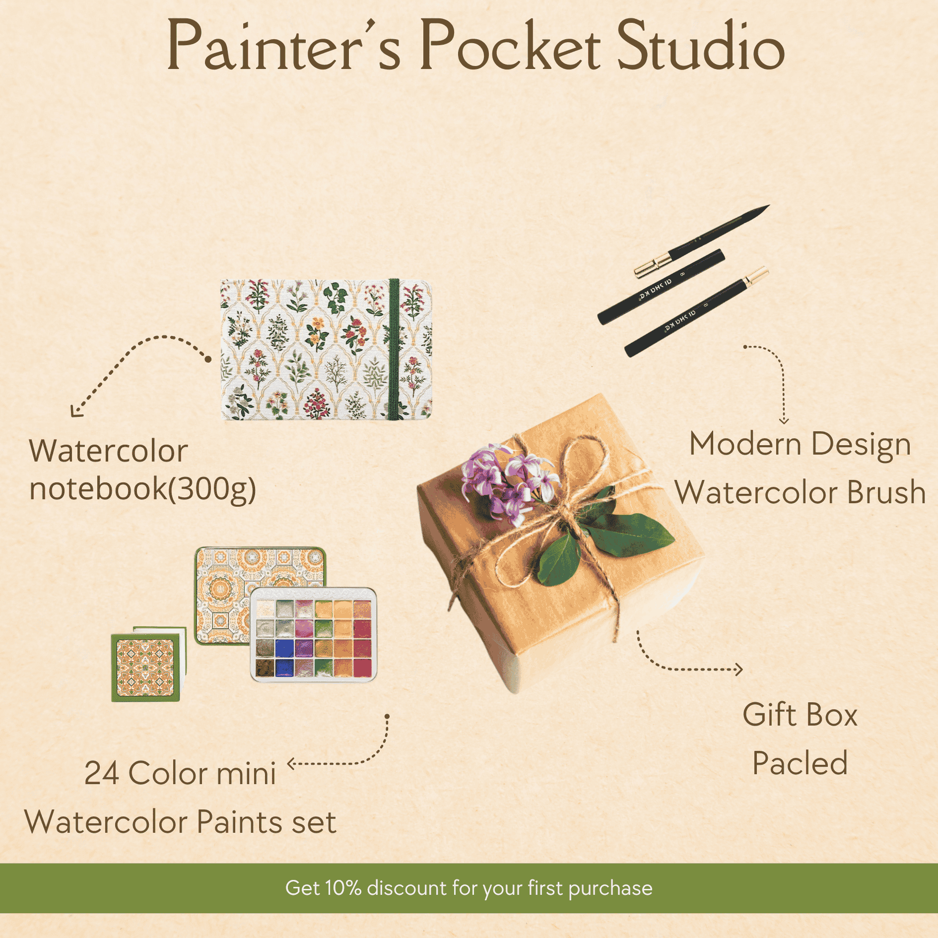 including watercolor paints and watercolor book