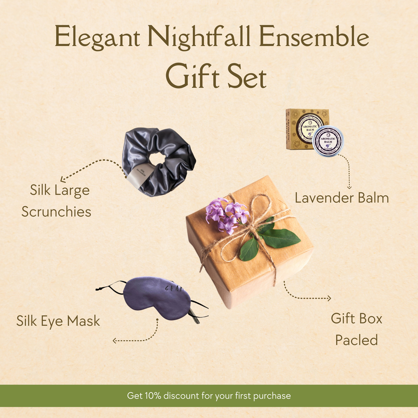 this gift set including Sleep aid eye mask, Lavander balm and sil hair scrunchies