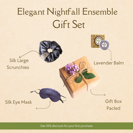 this gift set including Sleep aid eye mask, Lavander balm and sil hair scrunchies