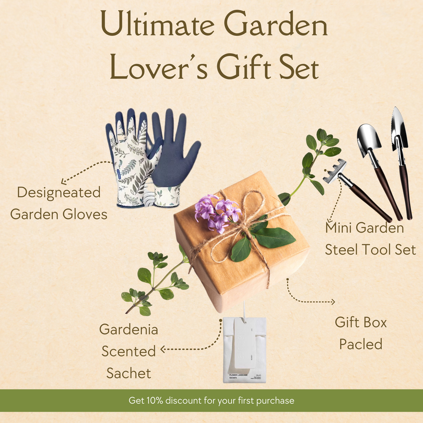 this gift box including garden gloves, garden tools and scented sachet