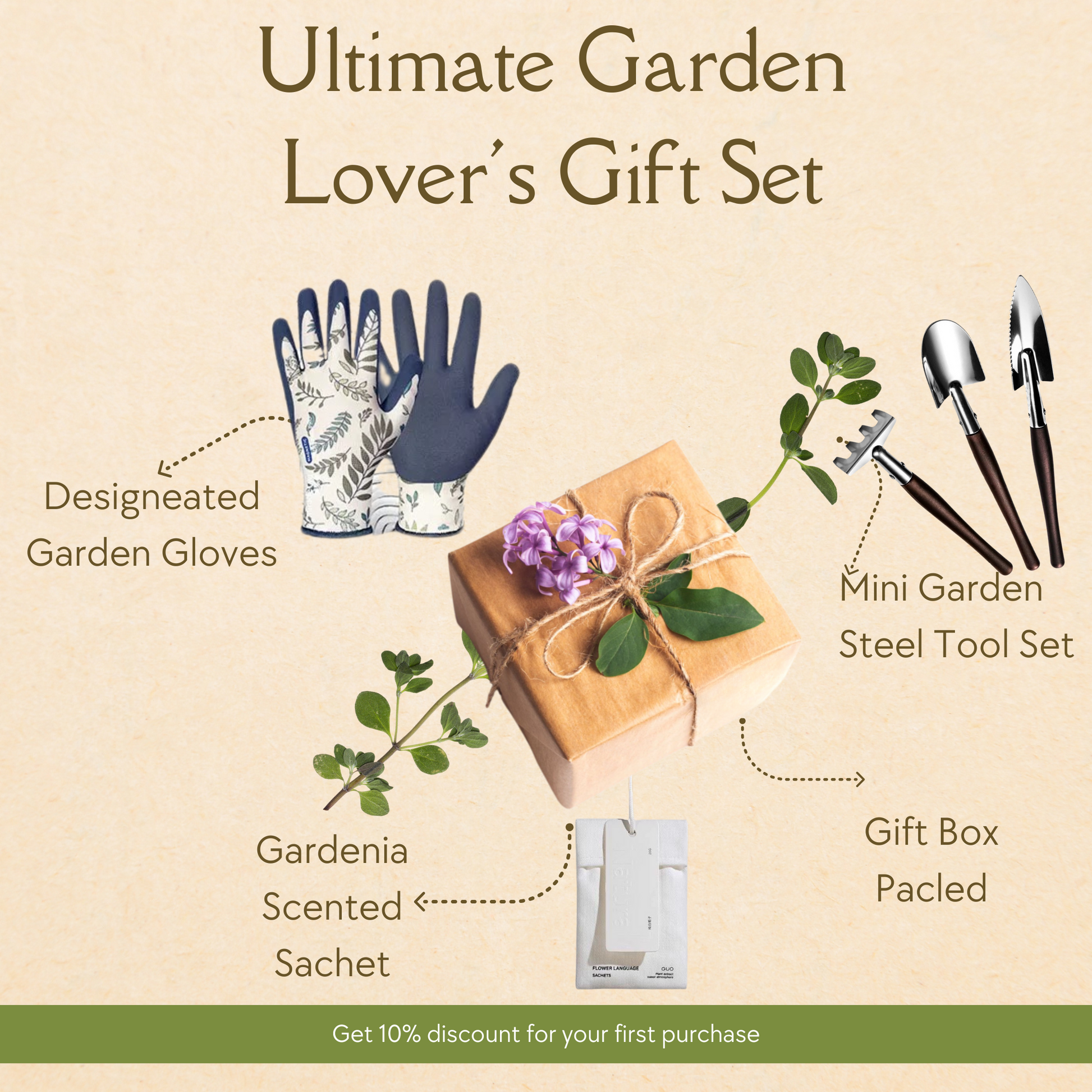 this gift box including garden gloves, garden tools and scented sachet